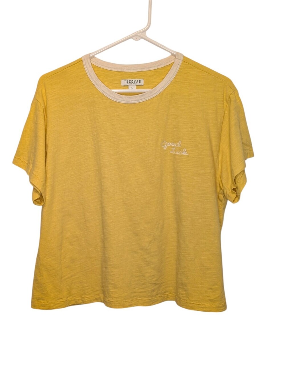 Tecovas Womens L Good Luck T Shirt Mustard Yellow Cropped Western Ringer Tee